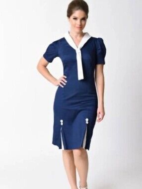 Unique Vintage x Hell Bunny Size Large Navy Blue Sailor Jackie Pencil Dress